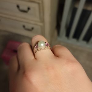 14k white gold pearl and pink sapphire ring sz 6